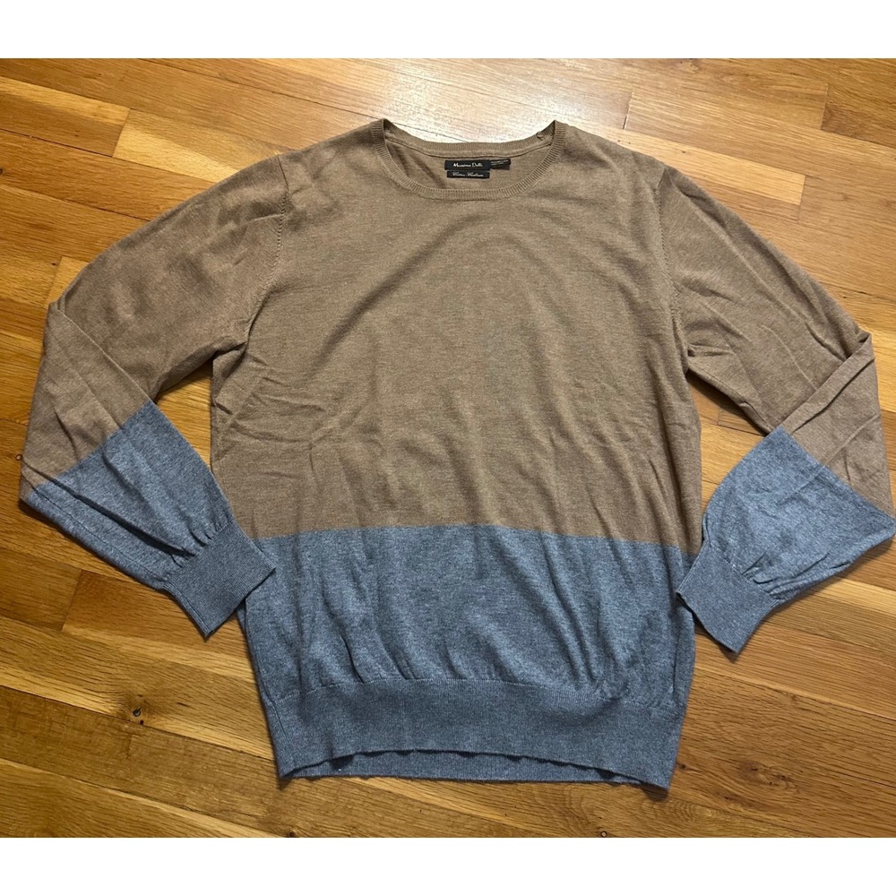 Massimo Dutti Mens Cotton Cashmere Colorblock Crewneck Sweater Tan Grey XL